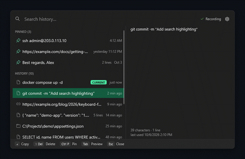 Clipboard Manager in action: typing “docker” filters the clipboard history instantly, and Enter copies the selected entry.