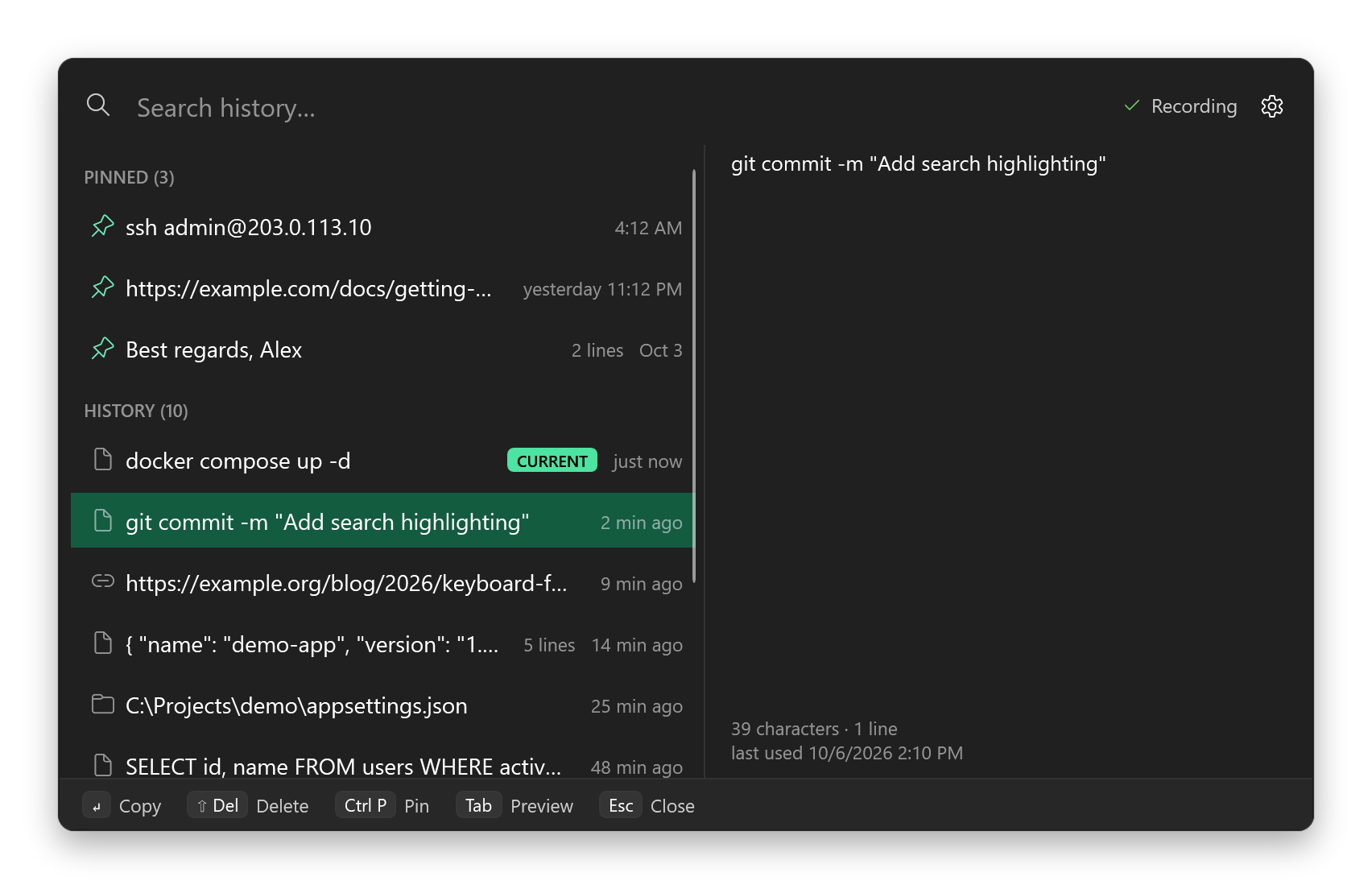 The Clipboard Manager history window with pinned entries, recent history, a preview pane and key hints.