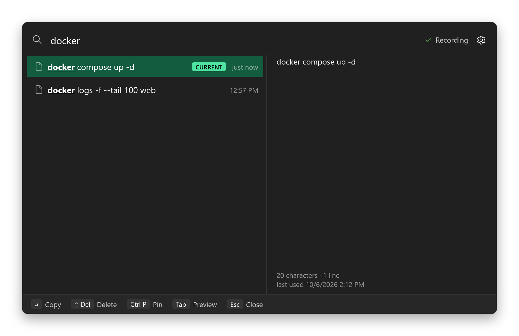 Searching the clipboard history for “docker” highlights every match.